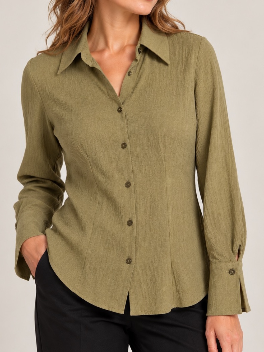 Black Tape Olive Crinkle Button Up Blouse Wide Cuff Large